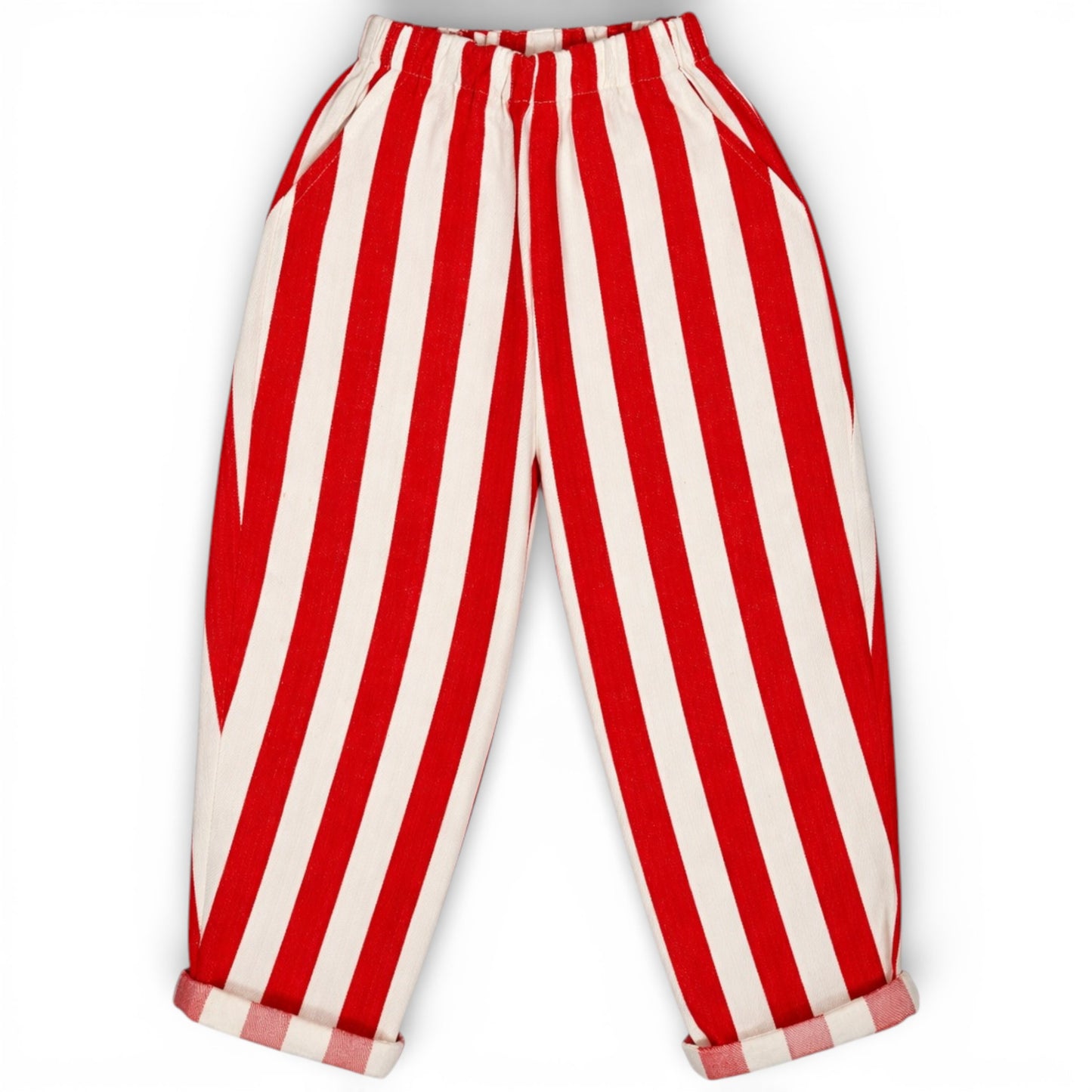 Red and white striped circus-inspired children’s balloon trousers with elasticated waist, slant pockets and rolled hem