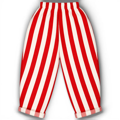 Red and white striped circus-inspired children’s balloon trousers with elasticated waist, slant pockets and rolled hem
