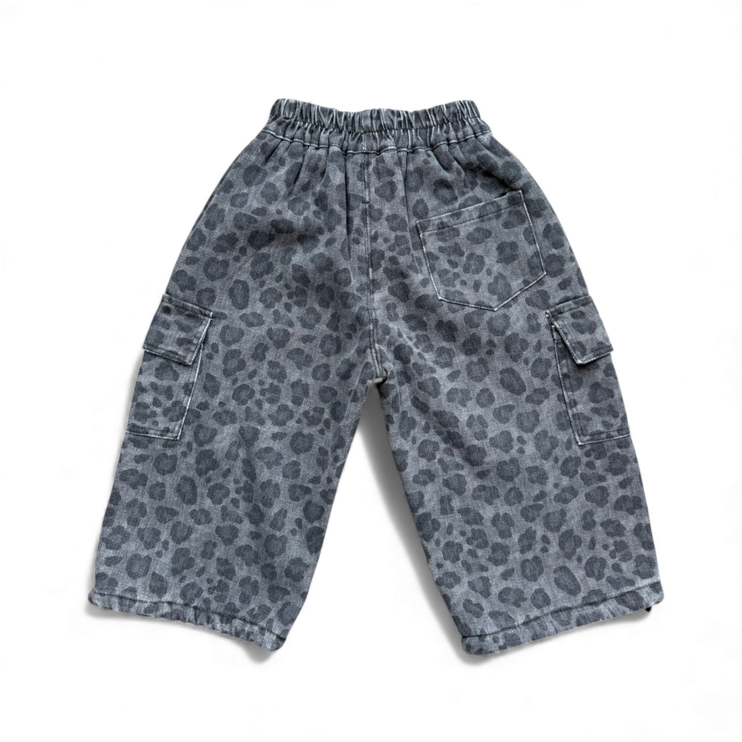 Grey animal-print fleece-lined cargo pants with high waist, back patch pocket and straight leg — back view.