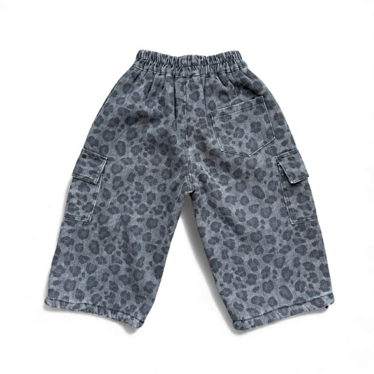 Grey animal-print fleece-lined cargo pants with high waist, back patch pocket and straight leg — back view.