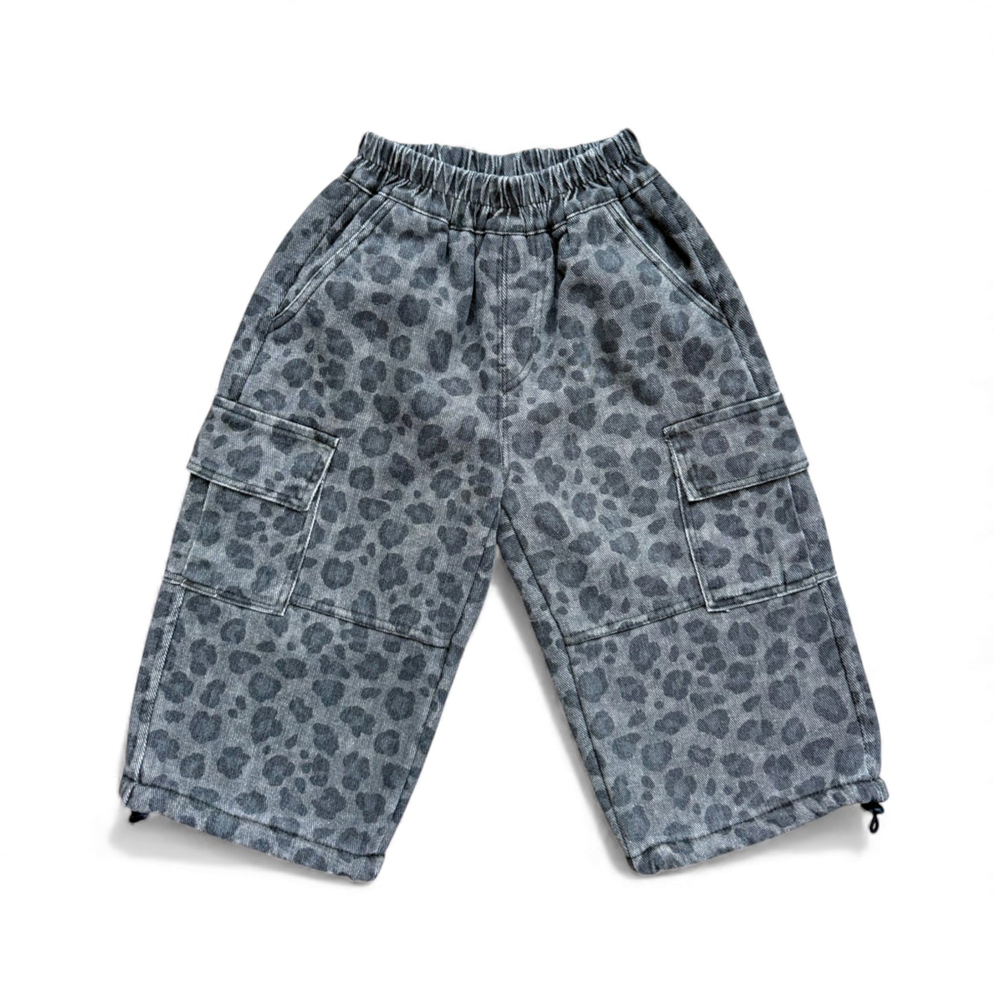 Grey animal-print children’s straight-leg cargo pants with slant pockets, cargo pockets and mock fly — front view.