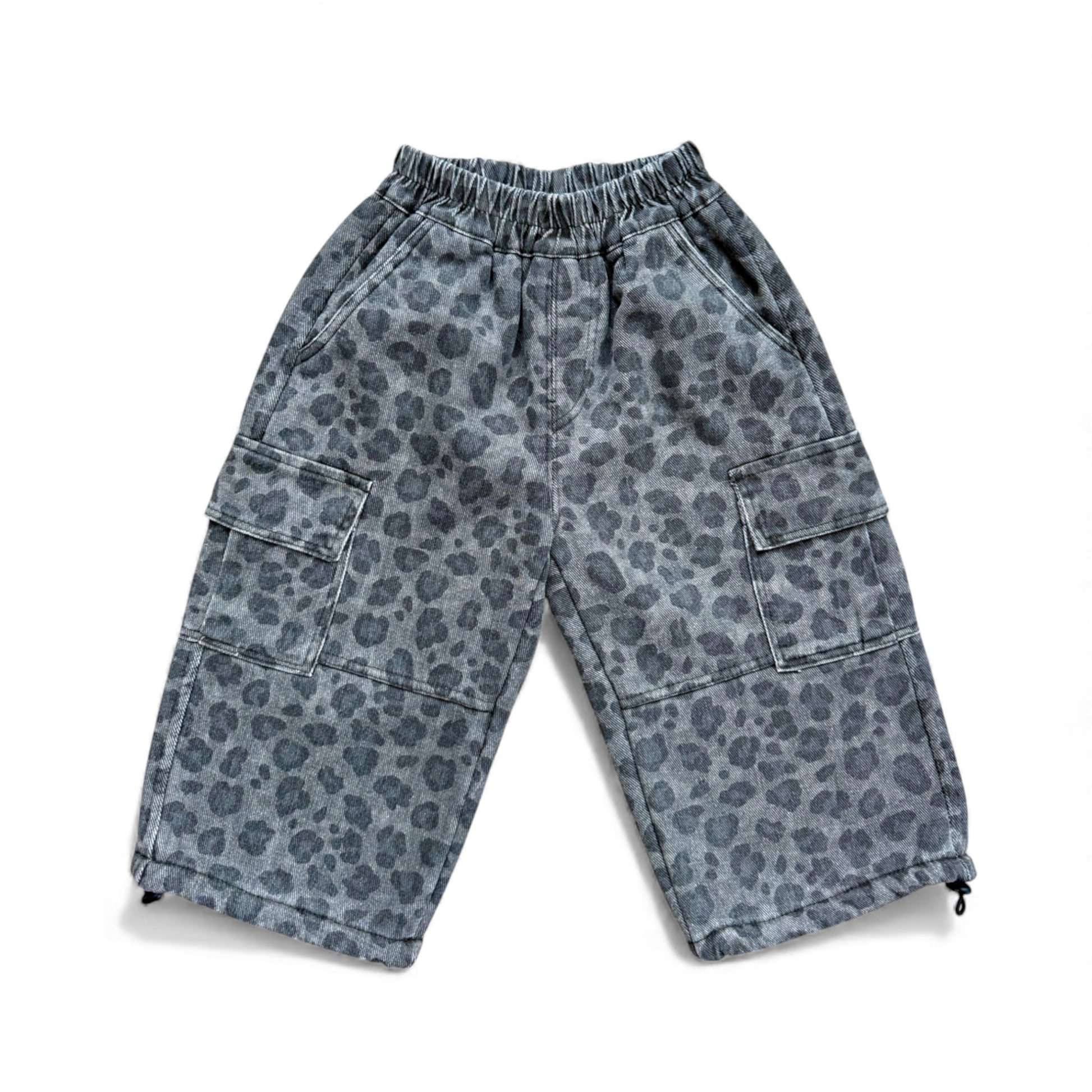 Grey animal-print children’s straight-leg cargo pants with slant pockets, cargo pockets and mock fly — front view.