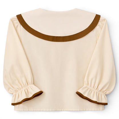 Cream & Olive cotton blouse with double sailor collar, contrast trim, and elasticated sleeves