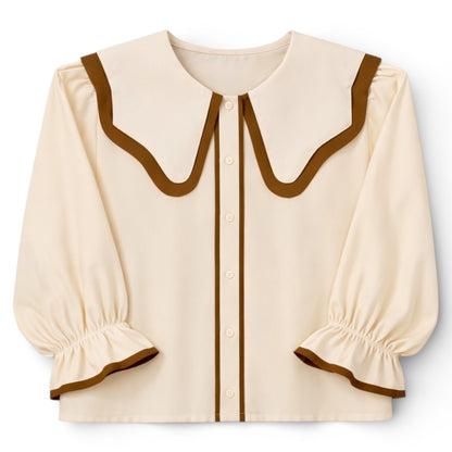 Cream & Olive cotton blouse with double sailor collar, contrast trim, and elasticated sleeves