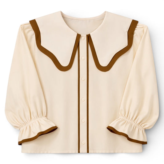 Cream & Olive cotton blouse with double sailor collar, contrast trim, and elasticated sleeves