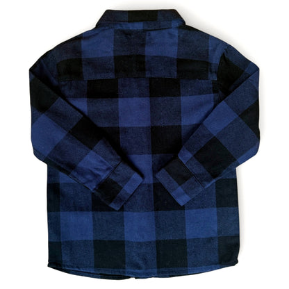 Back view of slim navy buffalo check wool-cotton children’s shirt with curved hem and dropped shoulders by That’s Not Fair London.
