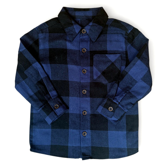 Slim navy and black buffalo check wool-cotton children’s shirt with dropped shoulders and patch pocket by That’s Not Fair London.