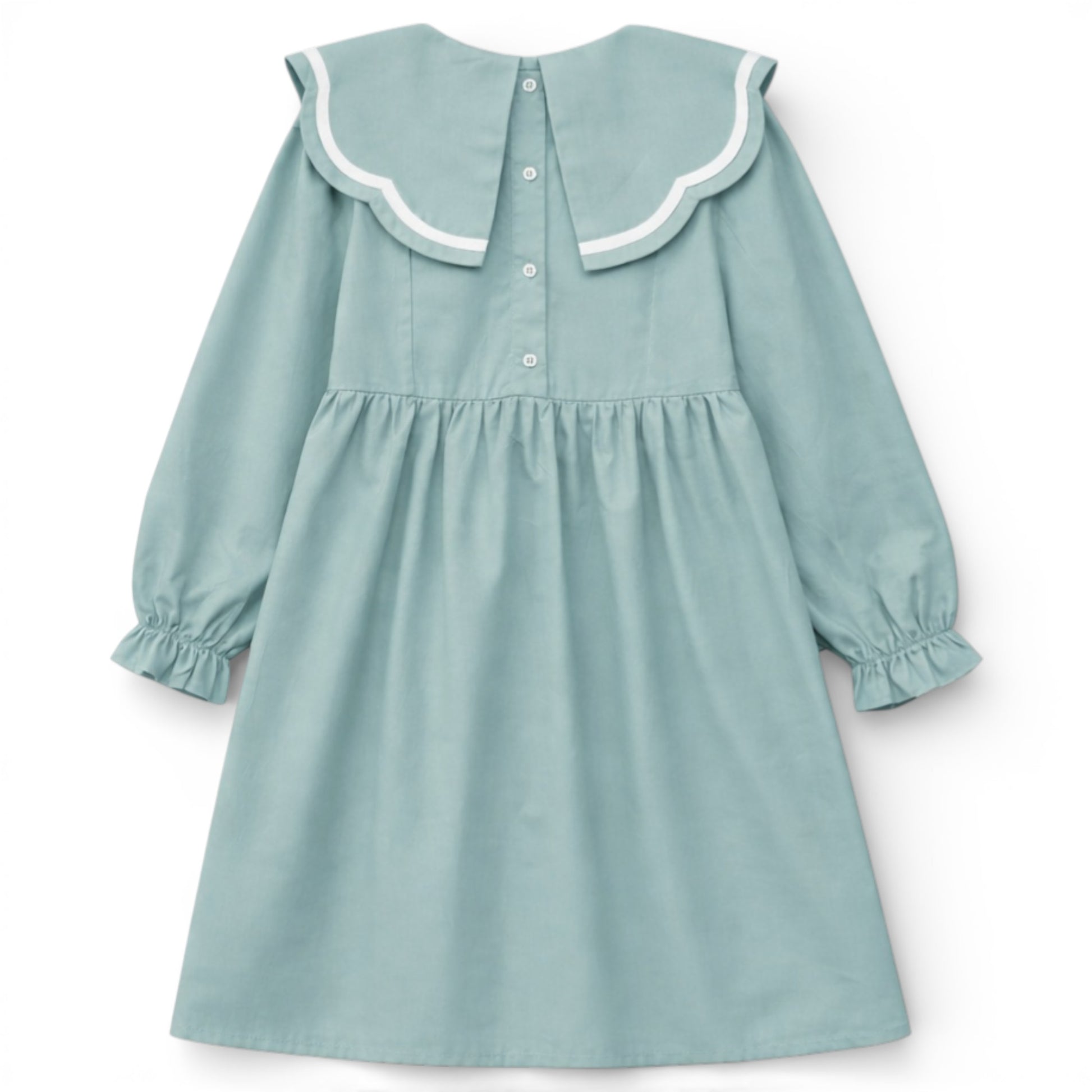 Back view of blue empire dress with split scallop collar and button fastening by That’s Not Fair London.