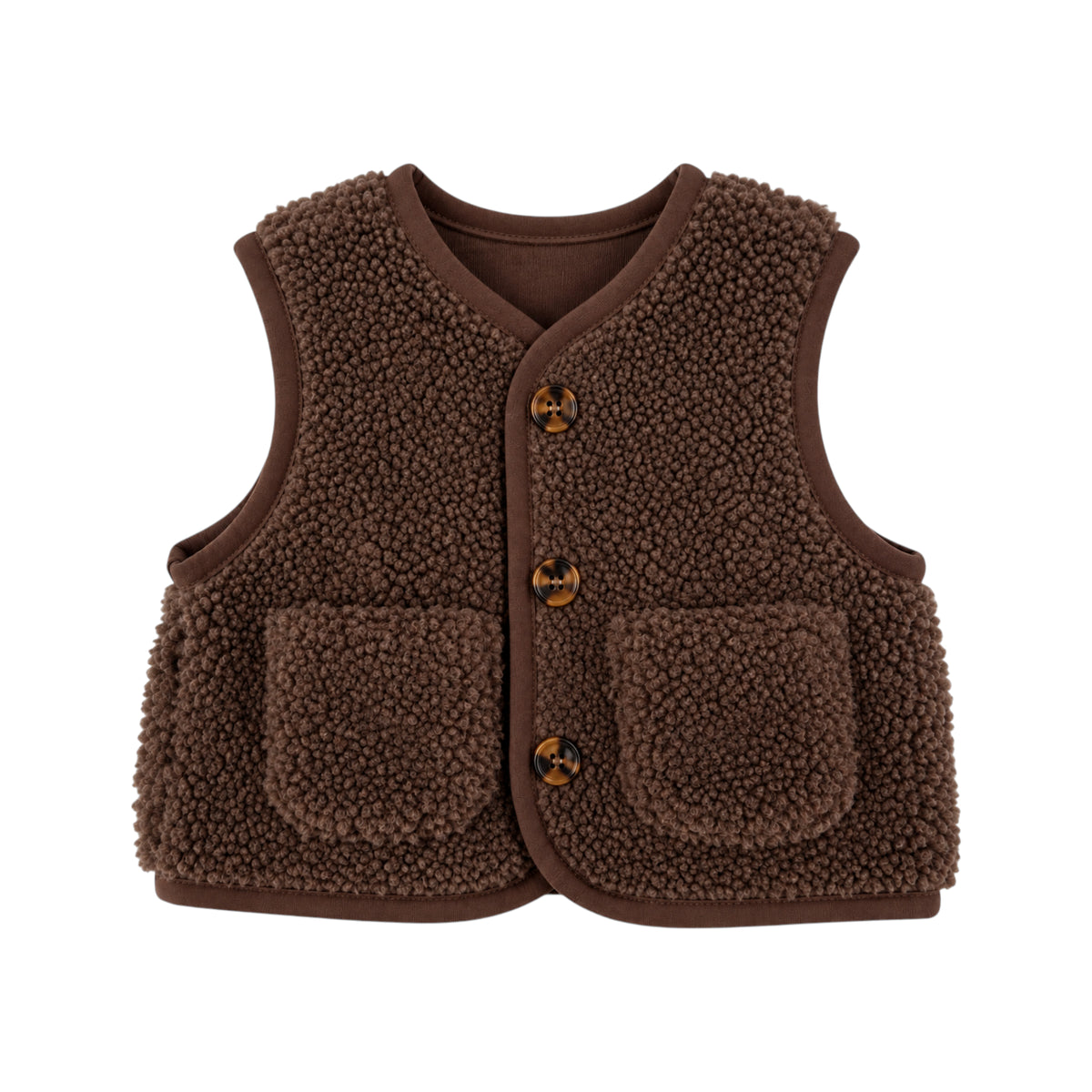 A brown sherpa fleece vest with a button closure and front pockets, shown flat on a white background.