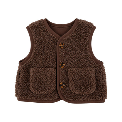 A brown sherpa fleece vest with a button closure and front pockets, shown flat on a white background.