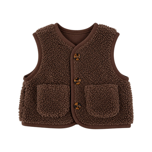 A brown sherpa fleece vest with a button closure and front pockets, shown flat on a white background.