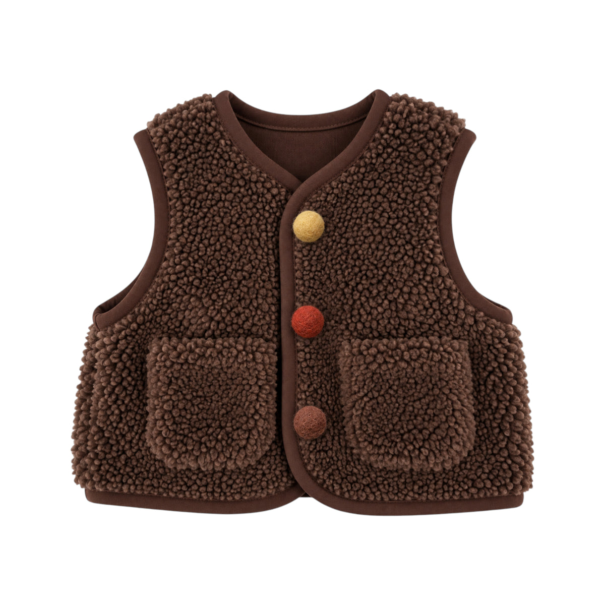 Classic buttons, front: Brown teddy-textured children's gilet with felted pompom buttons front patch pockets.