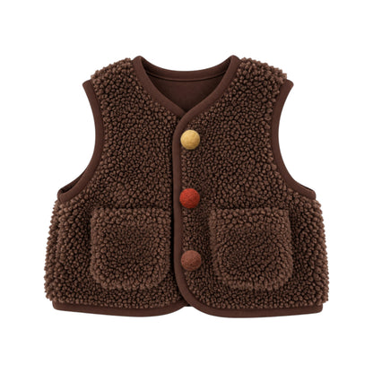 Classic buttons, front: Brown teddy-textured children's gilet with felted pompom buttons front patch pockets.