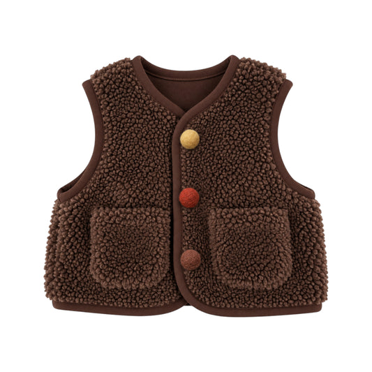 Classic buttons, front: Brown teddy-textured children's gilet with felted pompom buttons front patch pockets.