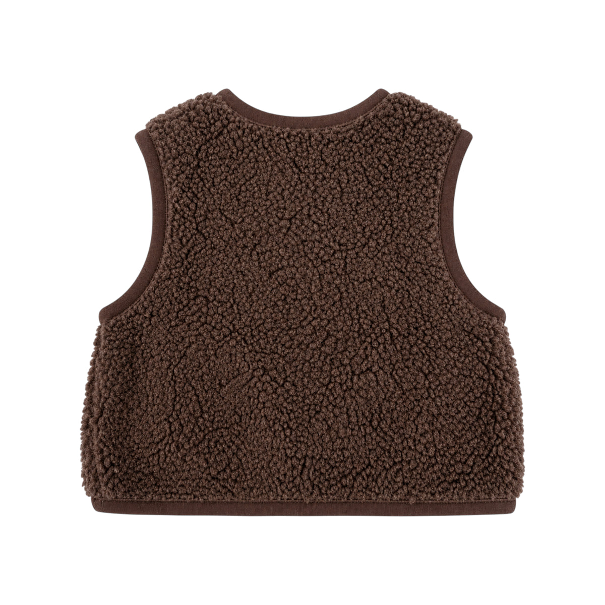 A brown sherpa fleece pet vest with a ribbed trim, shown from the back on a solid white background.