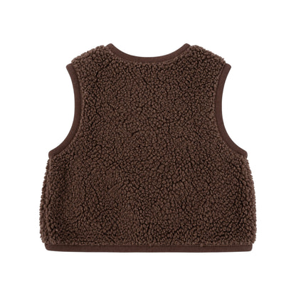 A brown sherpa fleece pet vest with a ribbed trim, shown from the back on a solid white background.