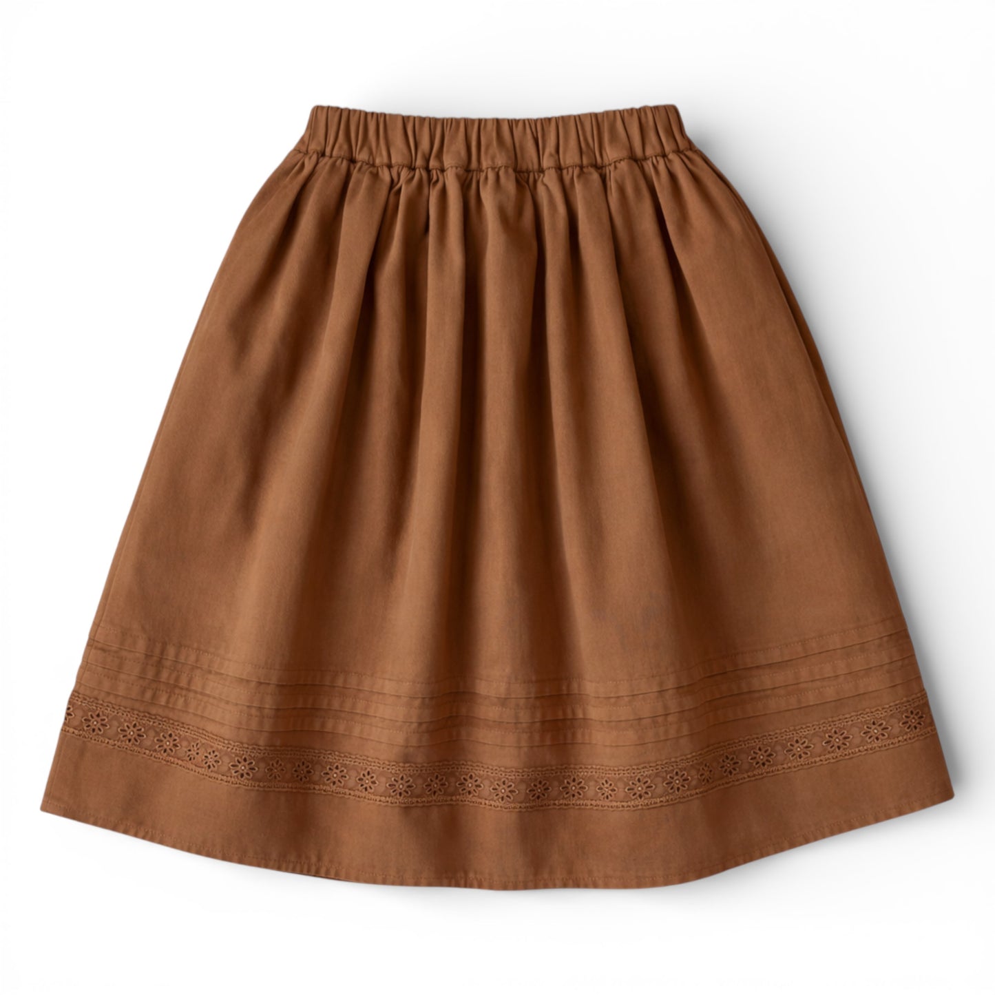 Girls tea‑length brown cotton A‑line skirt with slant pockets and eyelet hem
