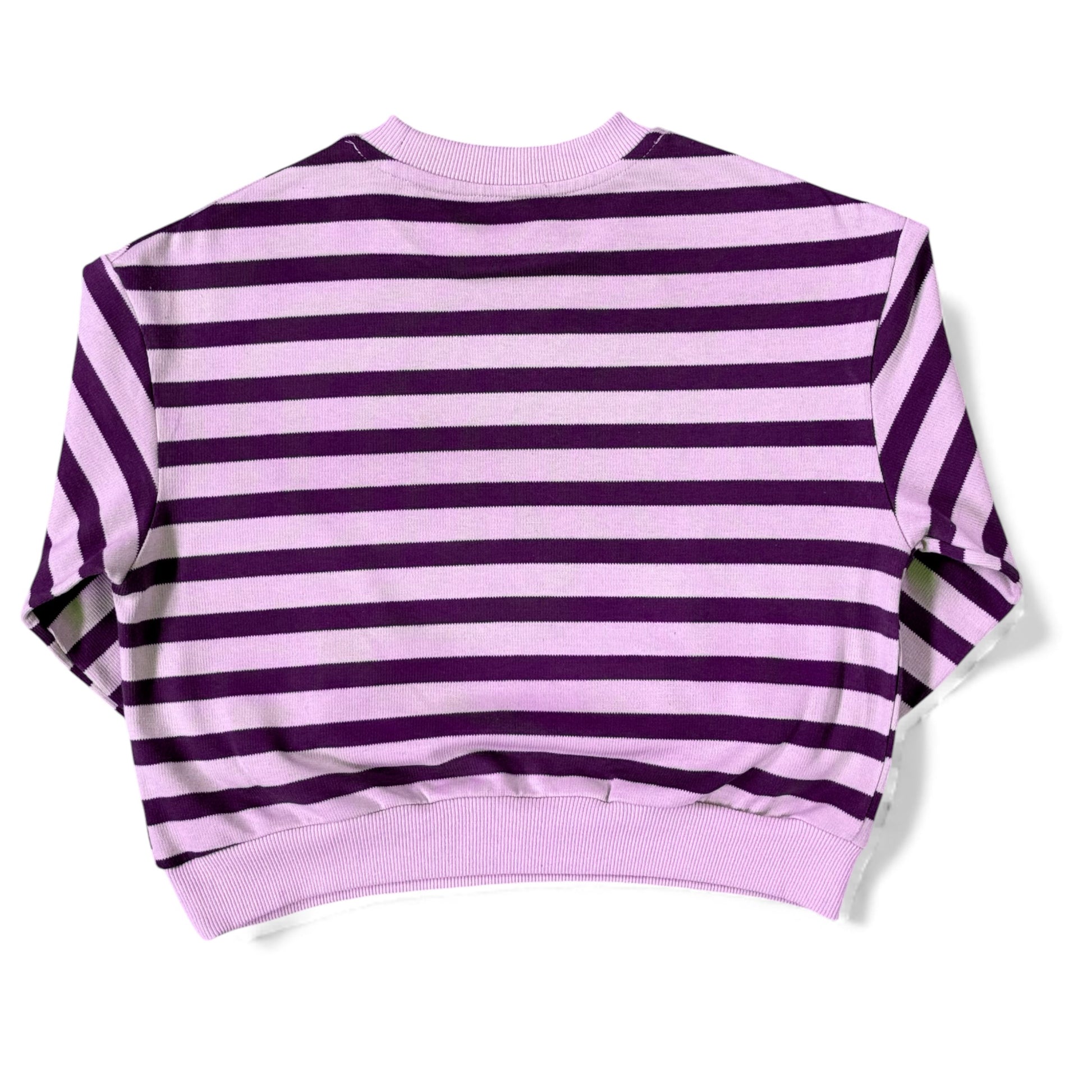 Back view of a lilac-and-purple striped cotton jersey jumper with a cropped, boxy fit and drop shoulders.