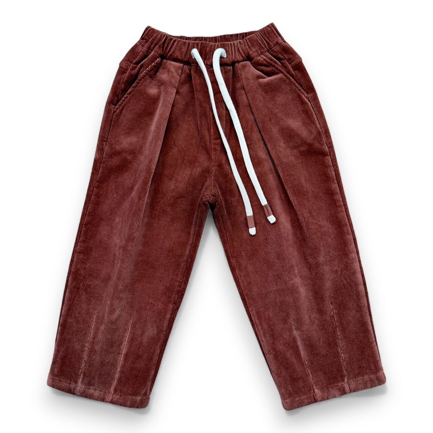 Front view of corduroy trousers with pleat and elasticated waistband