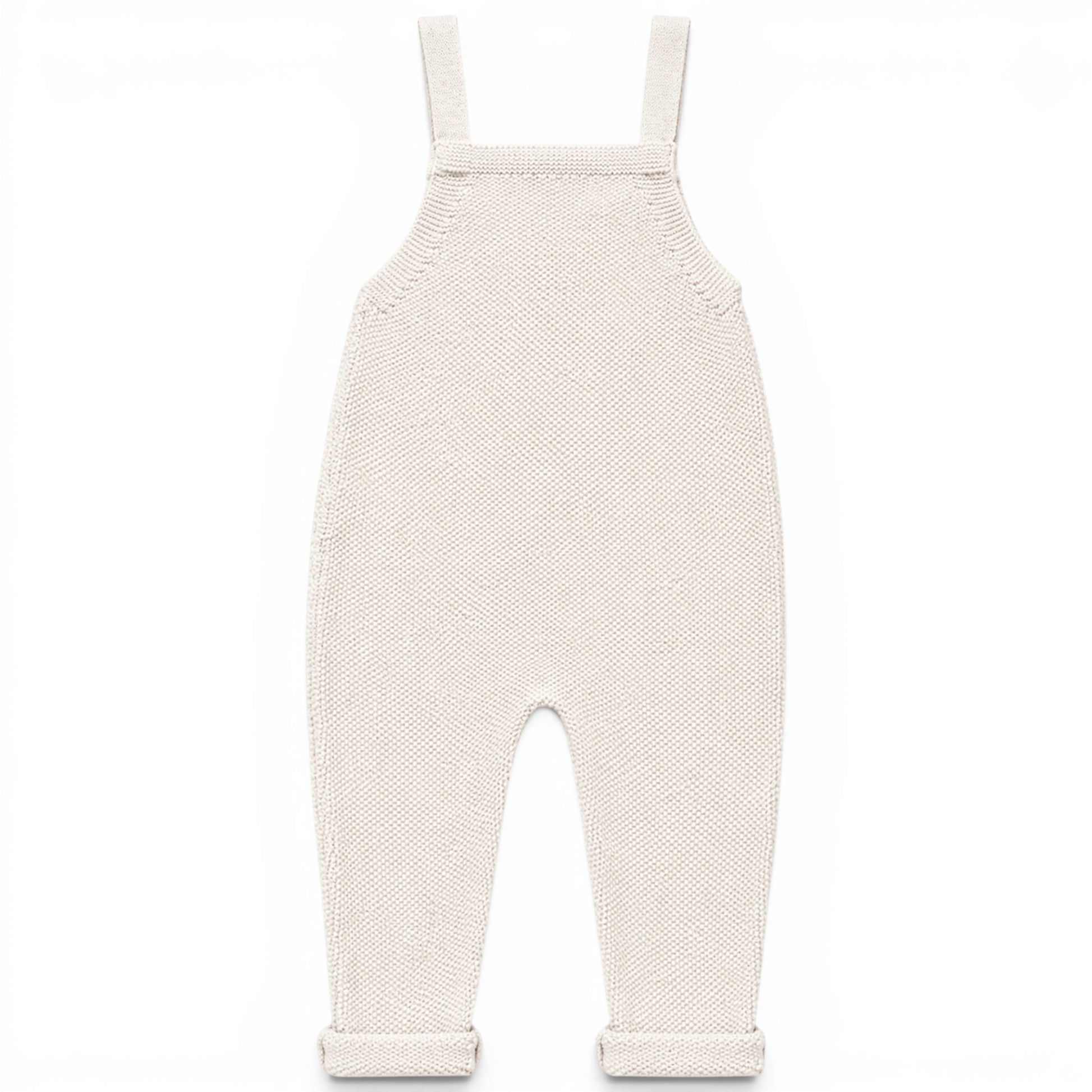 Zayne knitted baby romper in cream garter stitch, lightweight loose fit all-in-one with square bib and covered buttons