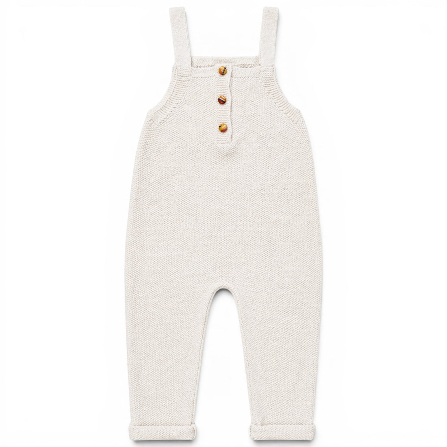 Zayne knitted baby romper in cream garter stitch, lightweight loose fit all-in-one with square bib and covered buttons