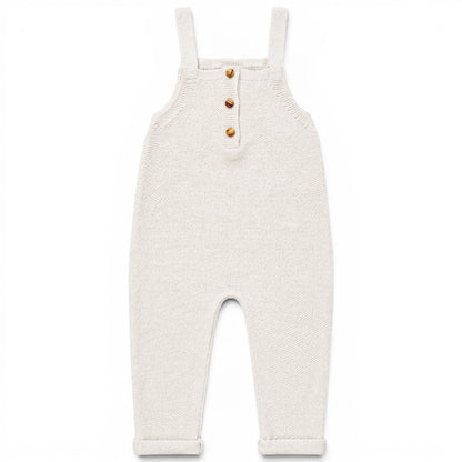 Zayne knitted baby romper in cream garter stitch, lightweight loose fit all-in-one with square bib and covered buttons