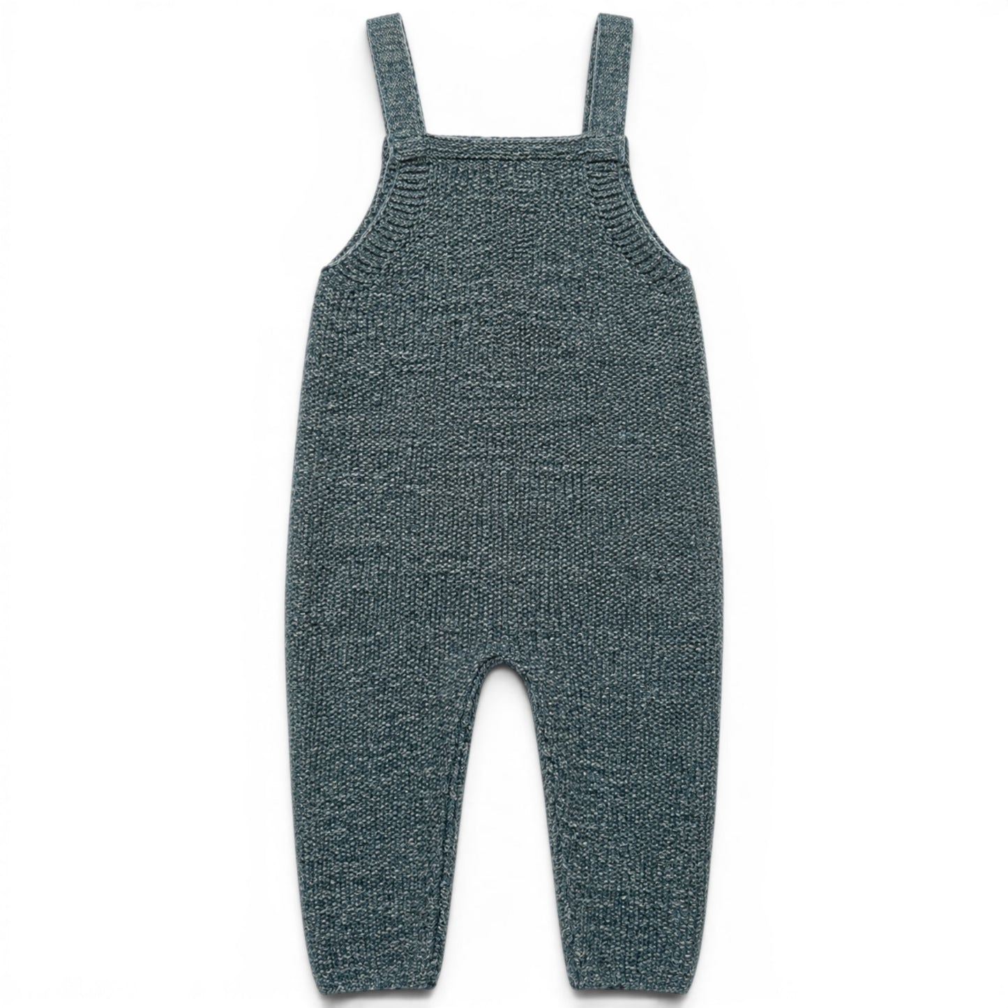 Zayne knitted baby romper in green garter stitch, lightweight loose fit all-in-one with square bib and covered buttons