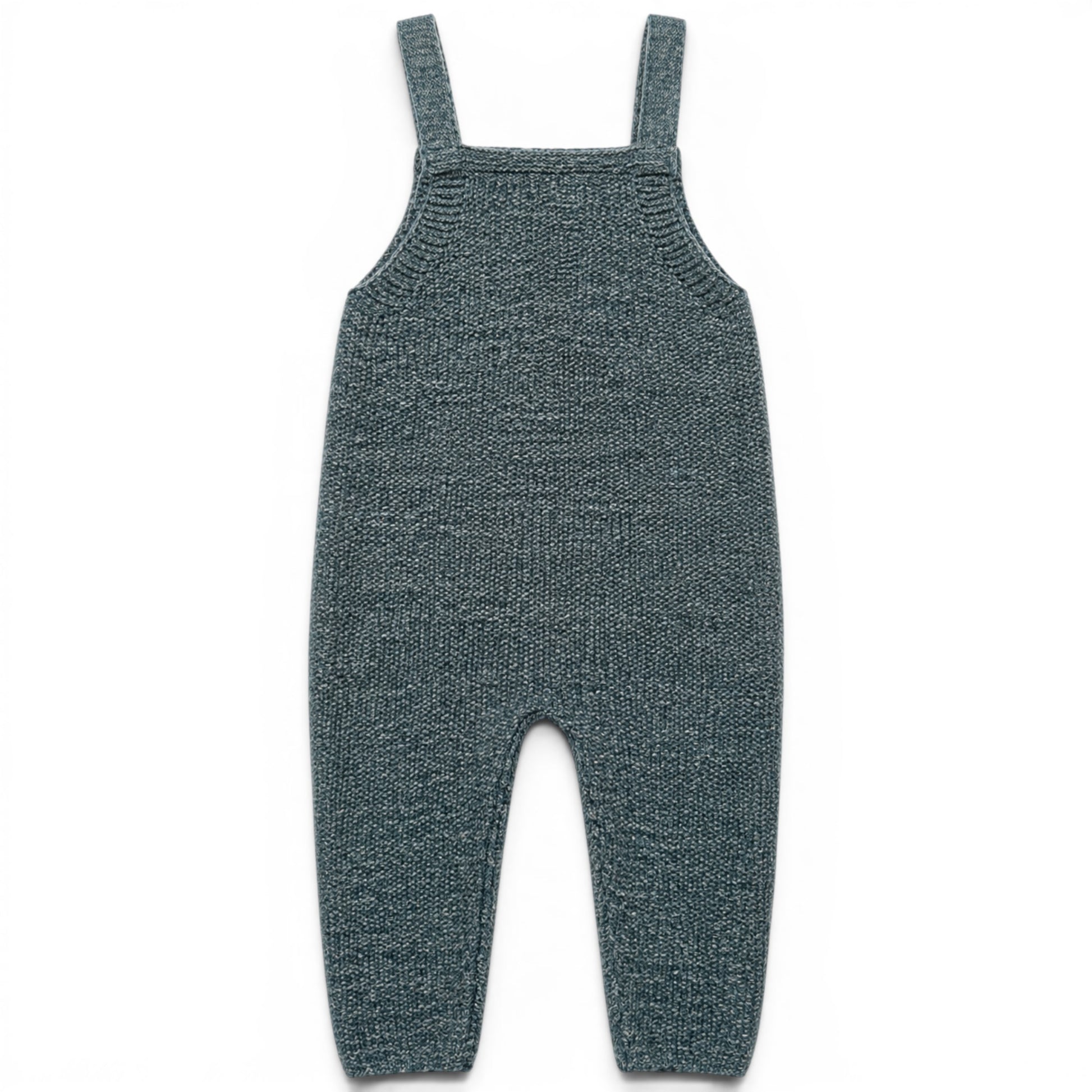 Zayne knitted baby romper in green garter stitch, lightweight loose fit all-in-one with square bib and covered buttons