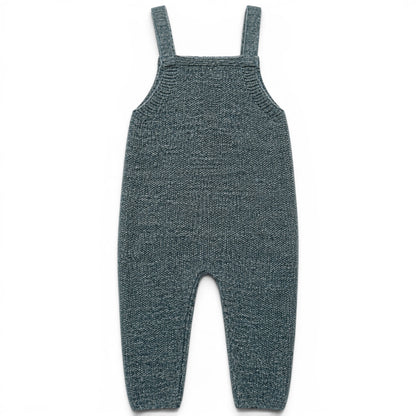 Zayne knitted baby romper in green garter stitch, lightweight loose fit all-in-one with square bib and covered buttons