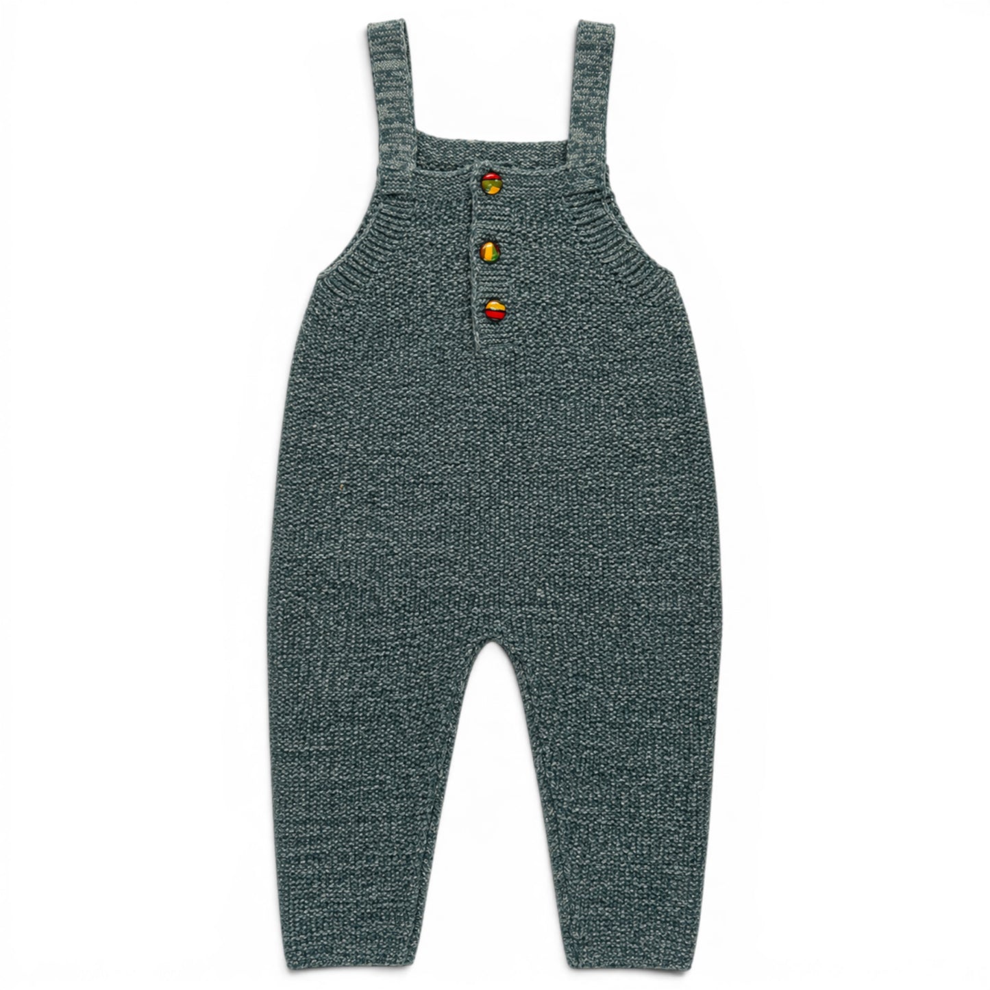 Zayne knitted baby romper in green garter stitch, lightweight loose fit all-in-one with square bib and covered buttons