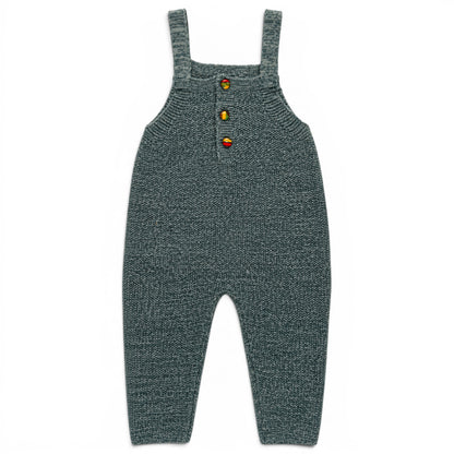 Zayne knitted baby romper in green garter stitch, lightweight loose fit all-in-one with square bib and covered buttons