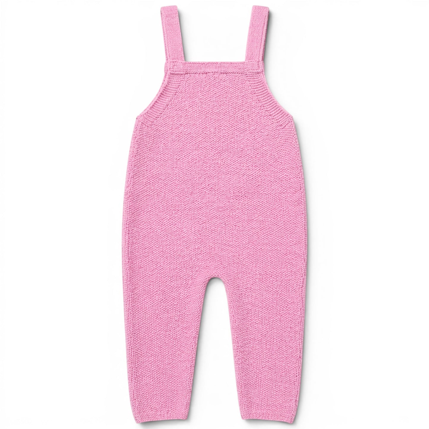 Zayne knitted baby romper in Pink 
garter stitch, lightweight loose fit all-in-one with square bib and covered buttons