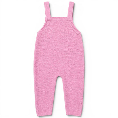 Zayne knitted baby romper in Pink 
garter stitch, lightweight loose fit all-in-one with square bib and covered buttons