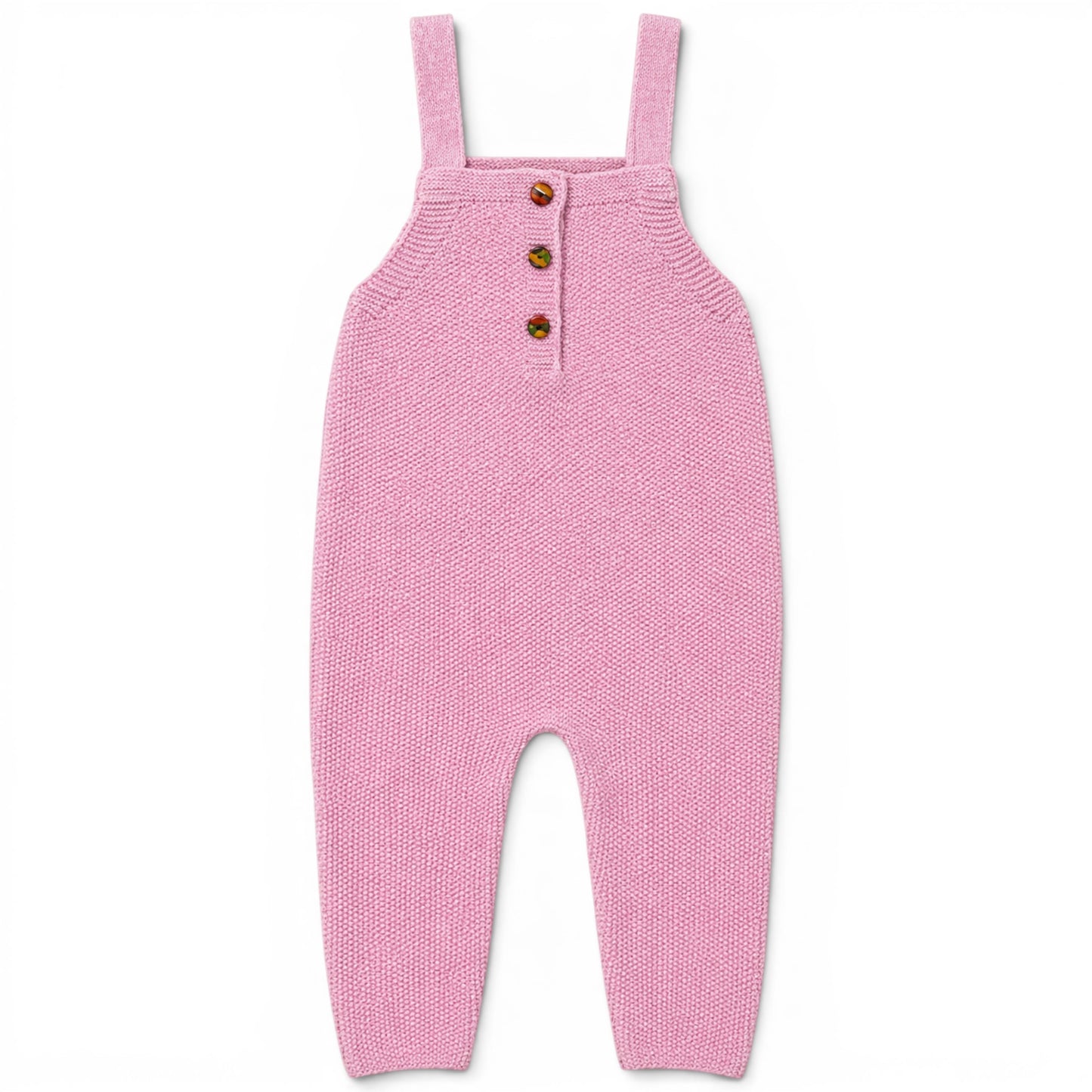 Zayne knitted baby romper in Pink
 garter stitch, lightweight loose fit all-in-one with square bib and covered buttons