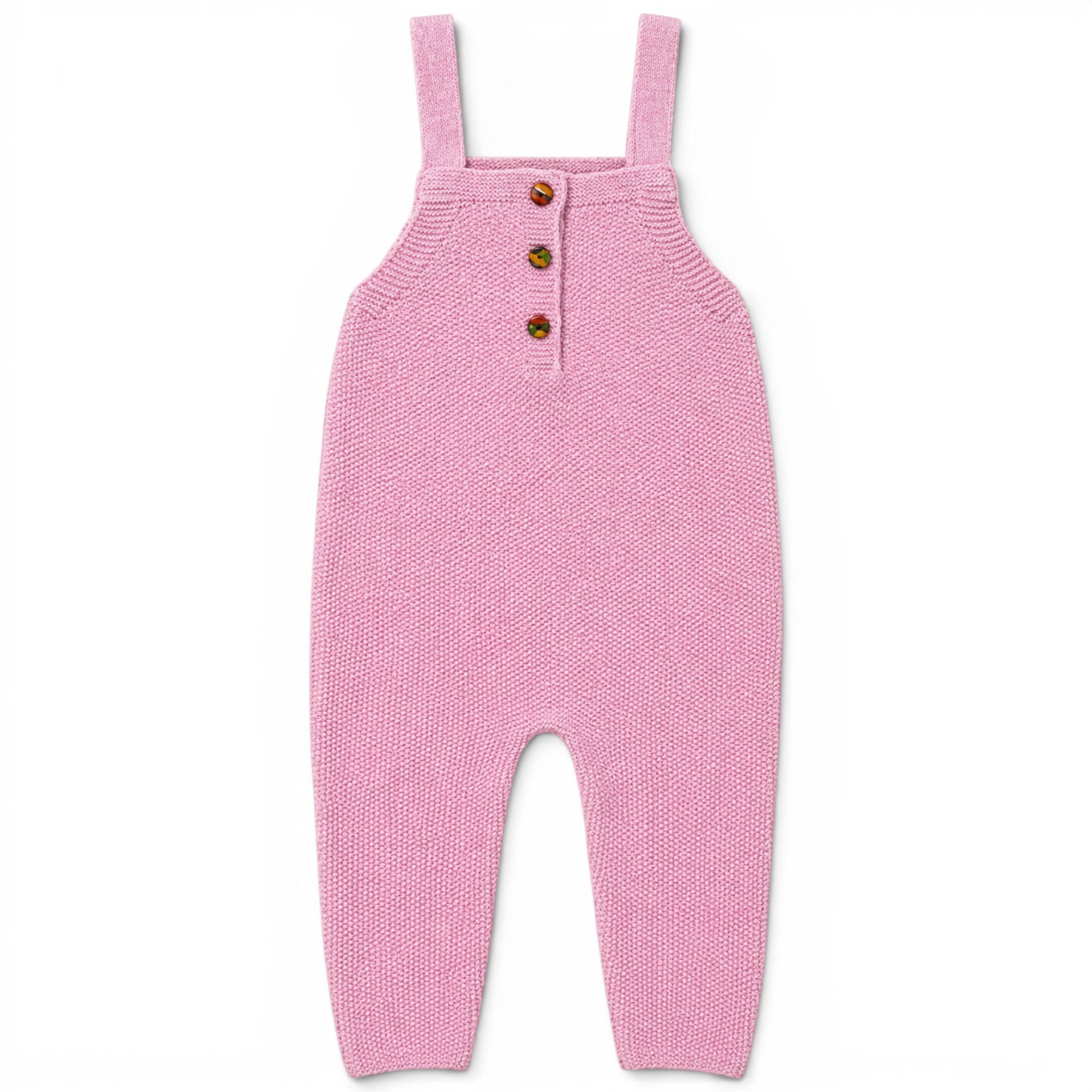 Zayne knitted baby romper in Pink
 garter stitch, lightweight loose fit all-in-one with square bib and covered buttons