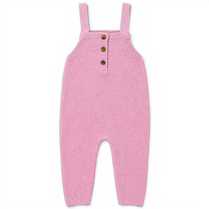 Zayne knitted baby romper in Pink
 garter stitch, lightweight loose fit all-in-one with square bib and covered buttons