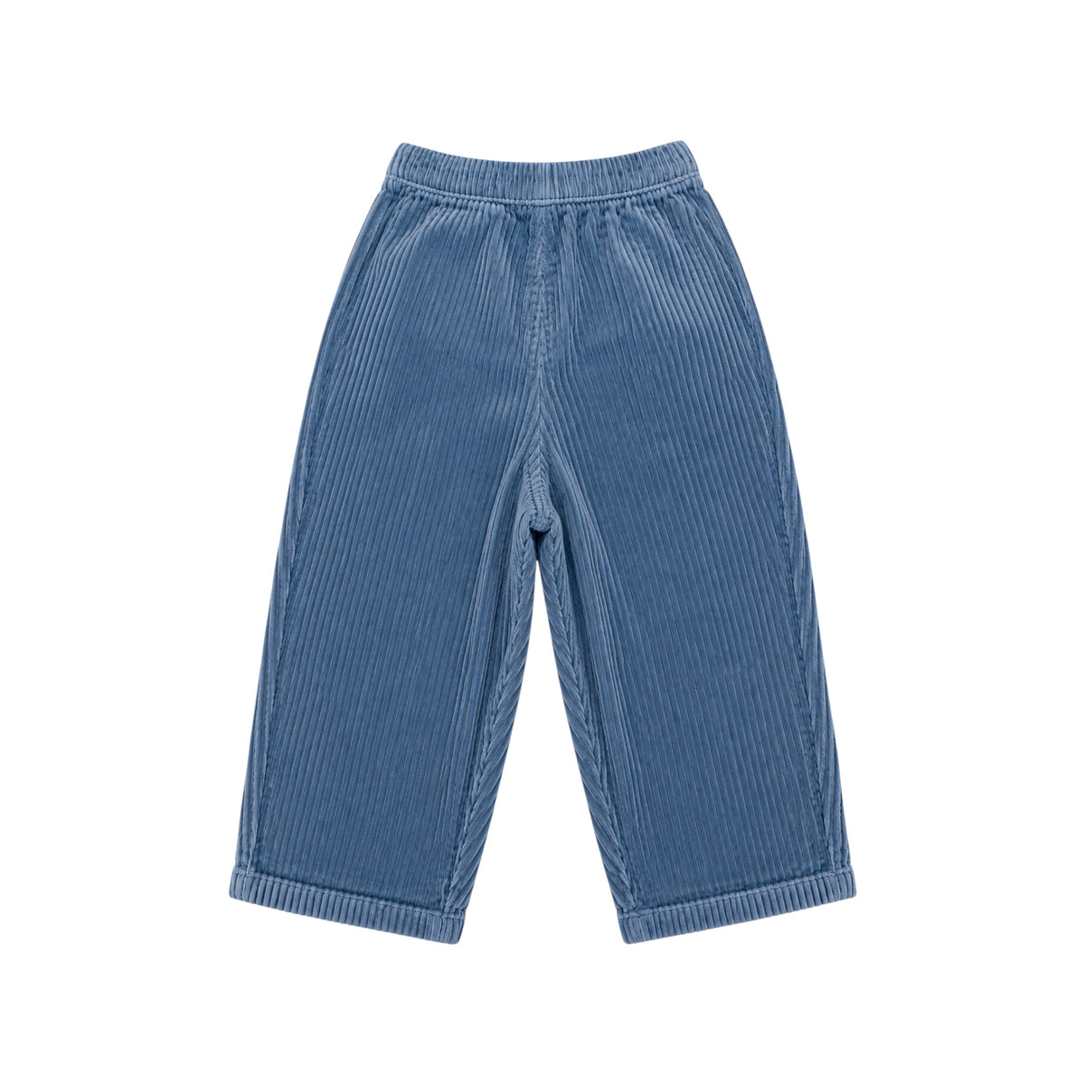 Back view of the Zoale Cords by That’s Not Fair London, showing blue corduroy fabric, back waistband, drawstring and turn-up hems.