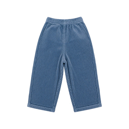 Back view of the Zoale Cords by That’s Not Fair London, showing blue corduroy fabric, back waistband, drawstring and turn-up hems.