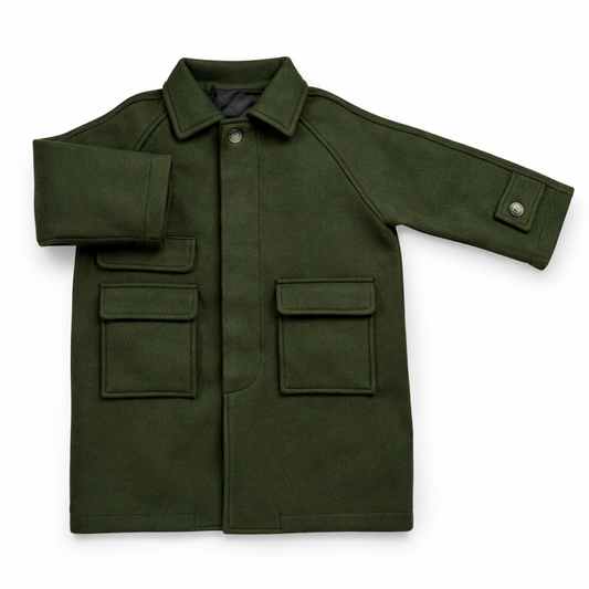 Olive green boiled wool children’s pea coat with raglan sleeves, concealed front placket, three front pockets and quilted lining