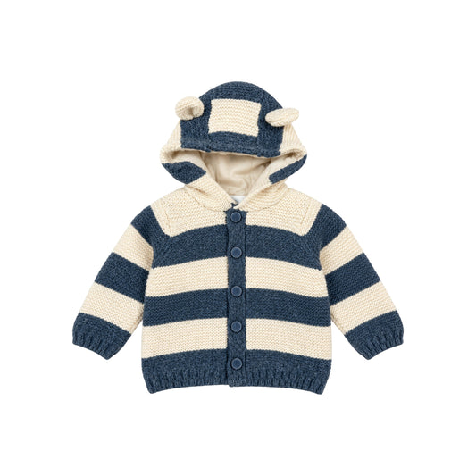That's Not Fair London Dilly Cardigan in navy and cream stripes with a hood featuring cute knitted bear ears.